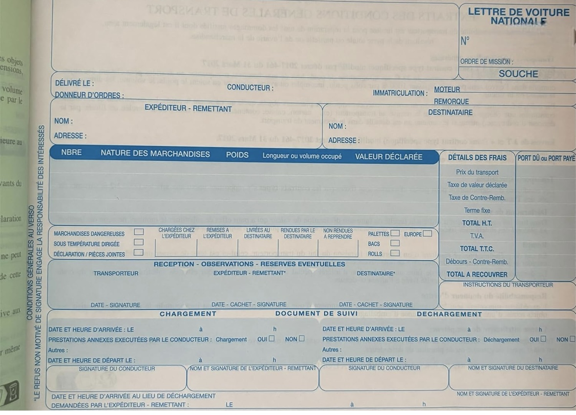 CMR Carnet de lettres de voiture transport national 25 pages