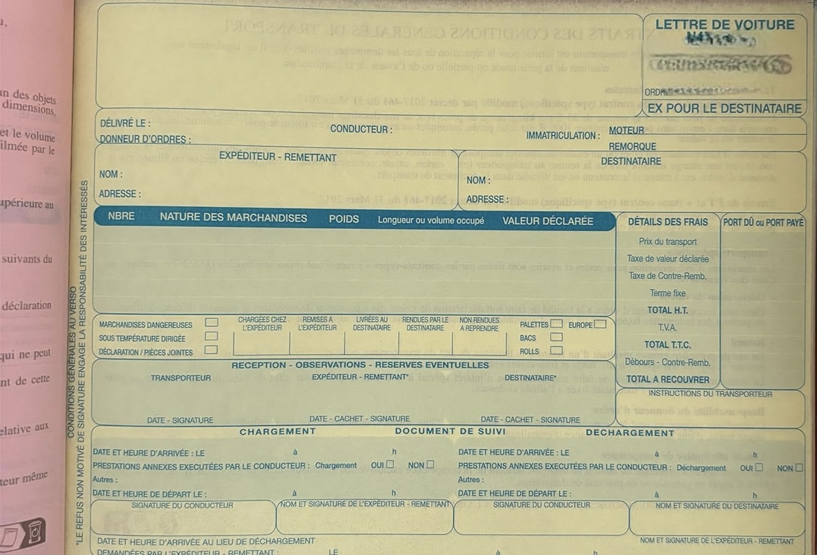 CMR Carnet de lettres de voiture transport national 25 pages