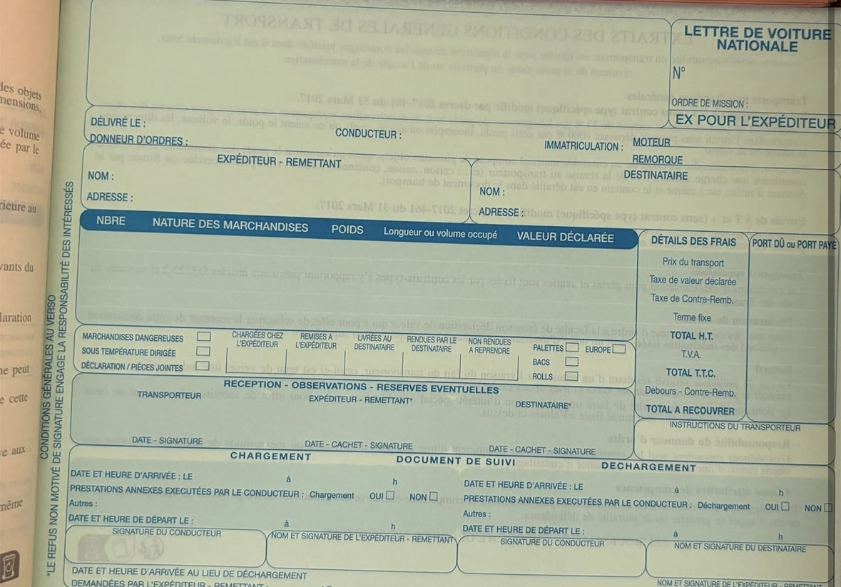 CMR Carnet de lettres de voiture transport national 25 pages