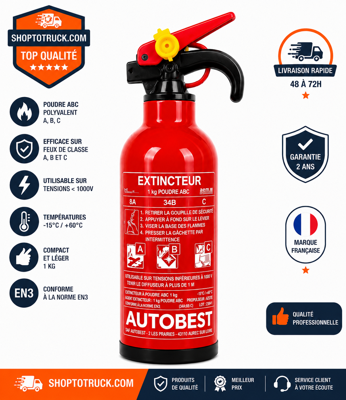 Extincteur Poudre ABC 1 kg – Homologué pour Camion et Véhicule Professionnel