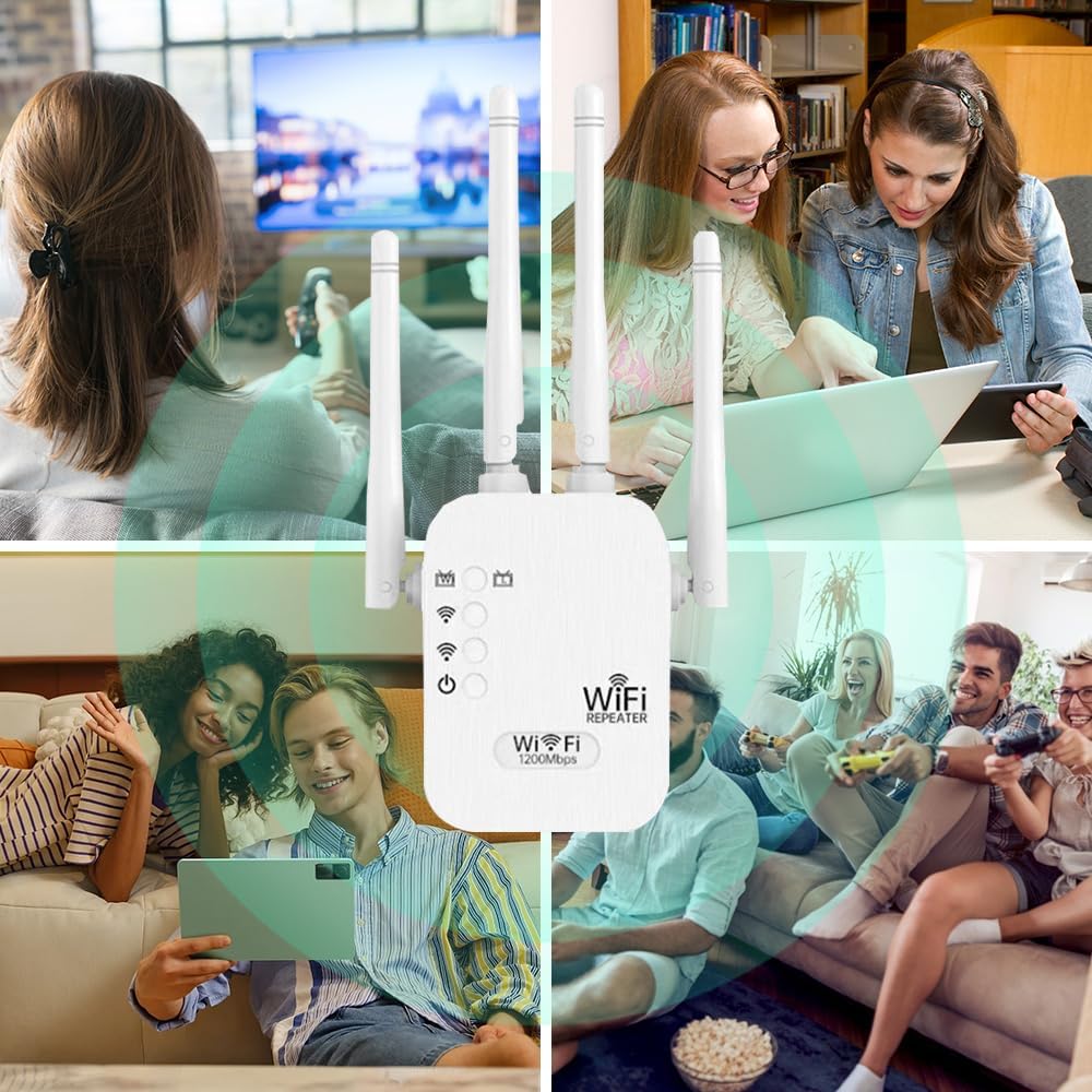 Repeteur WiFi Puissant, Amplificateur WiFi 1200Mbps Double Bande 5GHz/2.4GHz, Répéteur WiFi 4 Antennes, 2 Ports LAN, WiFi Extender Compatible avec Toutes Les Box Internet