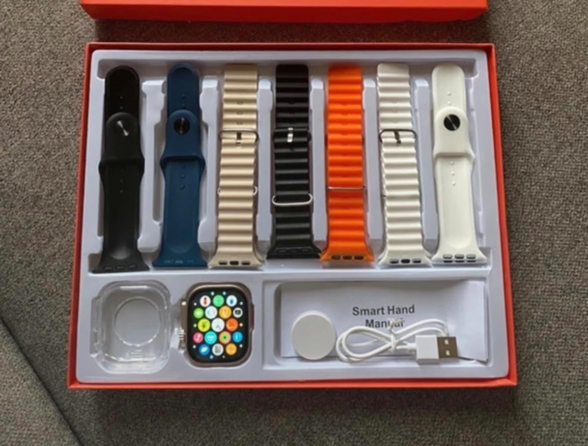 Coffret Montre connectée Smart Watch Ultra 49mm + 7 Bracelet et câble de Charge idéal Cadeau Homme et Femme