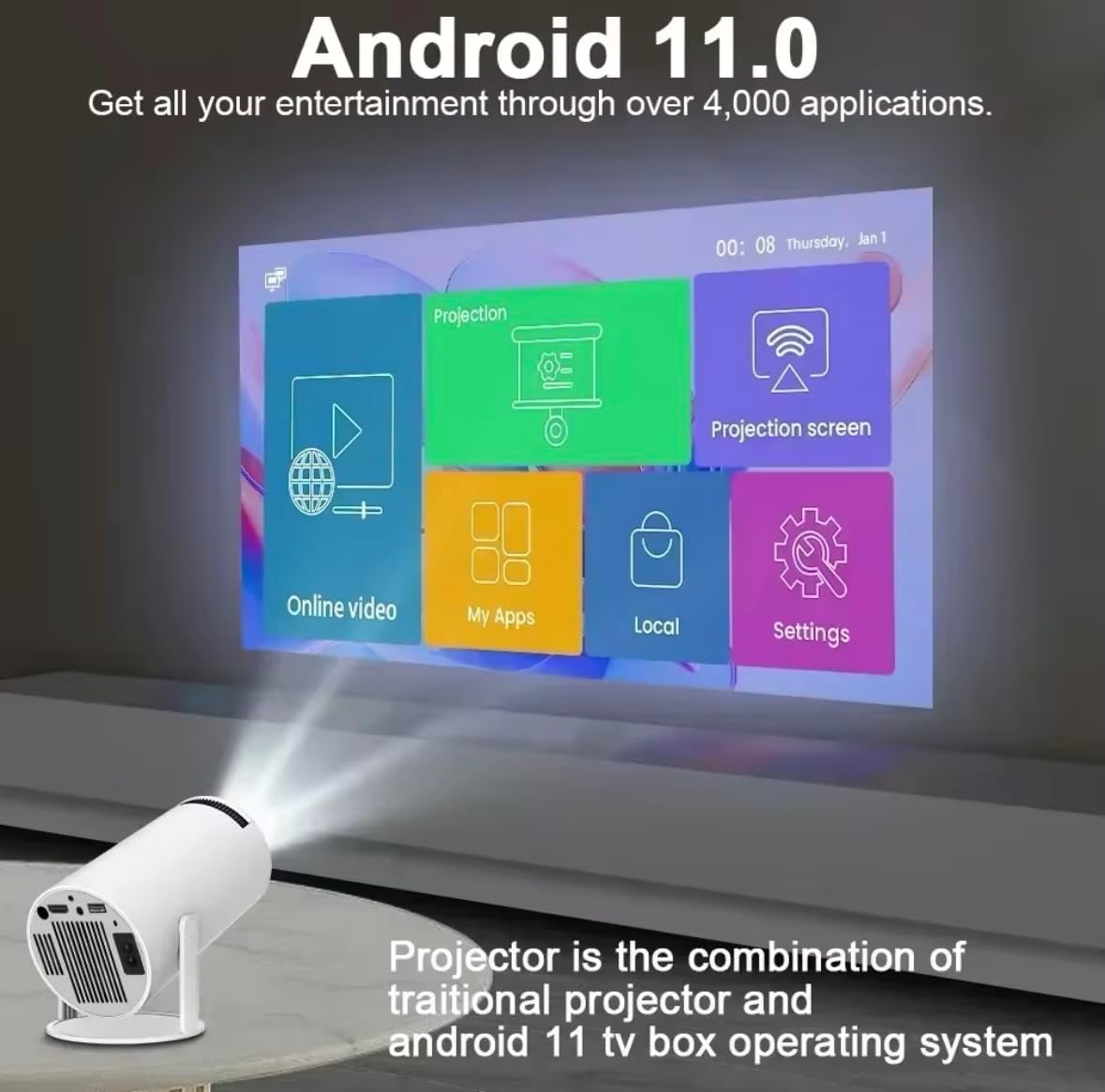 Vidéo projecteur App intégré Projecteur vidéo Android 11.0 1080P 4K, 200 ANSI Lumens, Écran jusqu'à 130", Décodage Vidéo 4K, Double Bande Wi-FI 5/6