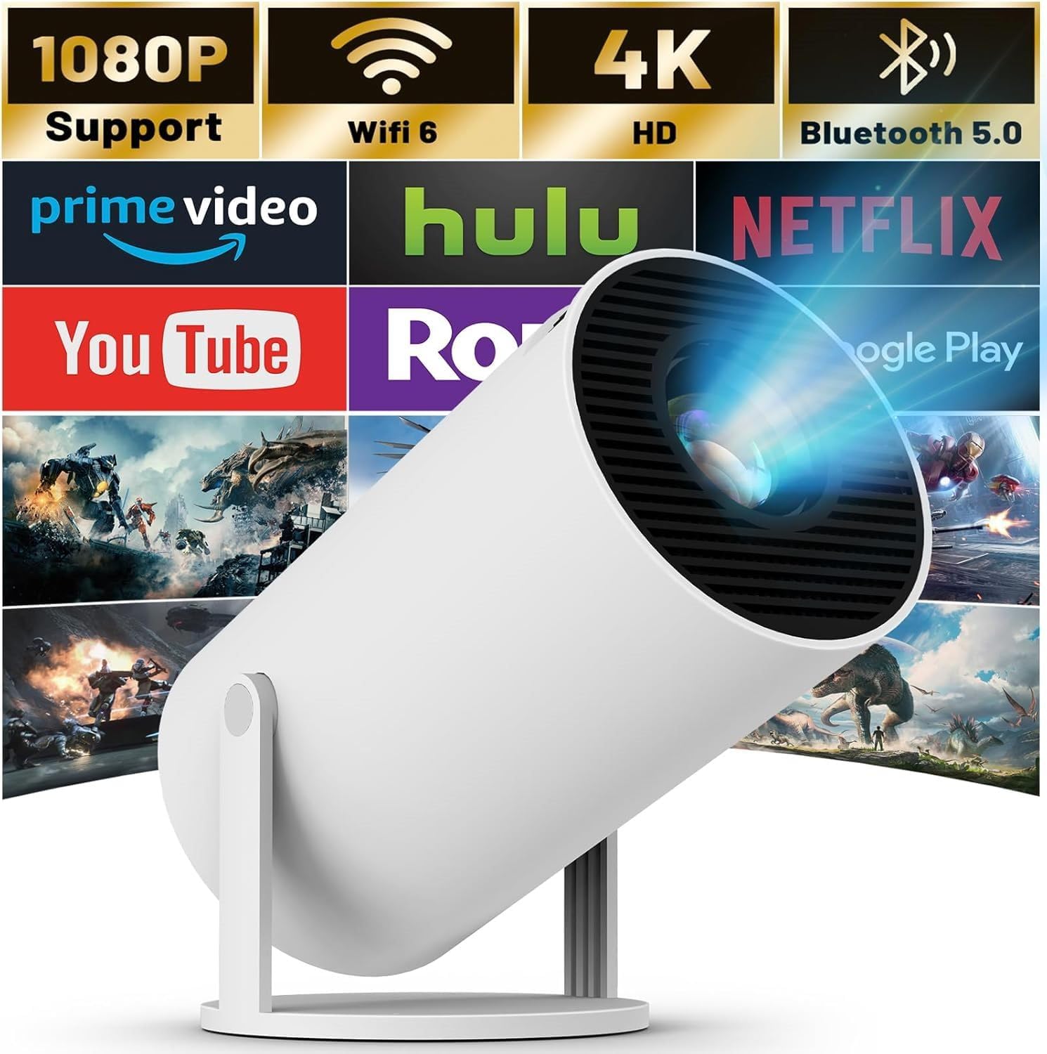 Vidéo projecteur App intégré Projecteur vidéo Android 11.0 1080P 4K, 200 ANSI Lumens, Écran jusqu'à 130", Décodage Vidéo 4K, Double Bande Wi-FI 5/6