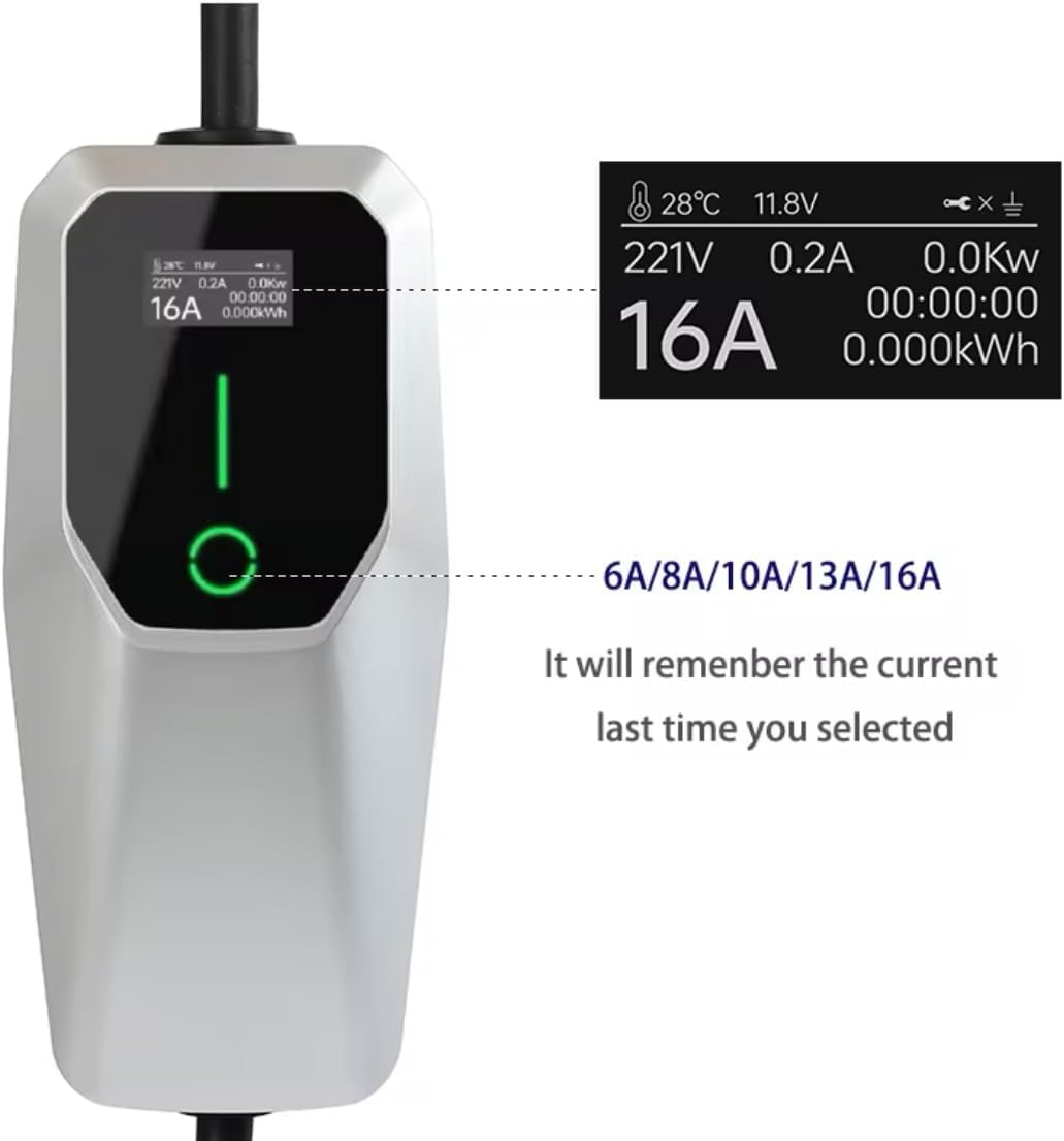 Chargeur de Voiture Électrique Type 2, 16A, 1 Phase