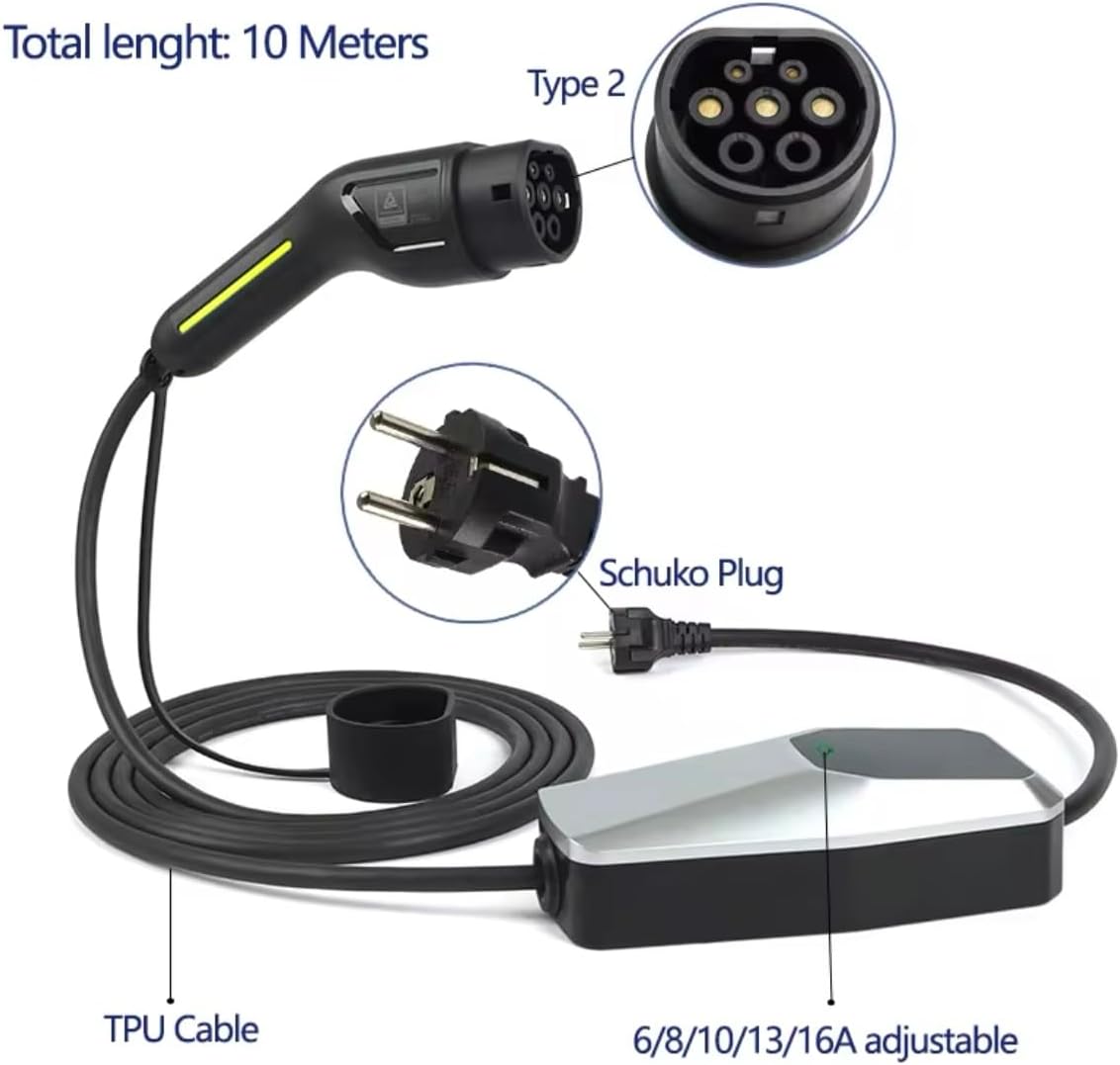 Chargeur de Voiture Électrique Type 2, 16A, 1 Phase