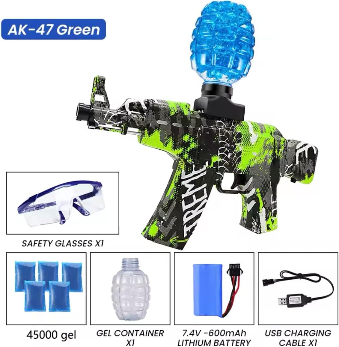 AK47 électrique à Billes en Gel Pistolet ak47 Billes de Gel Tire en rafal Pack avec Lunette de Protection et 45000 Billes de Gel
