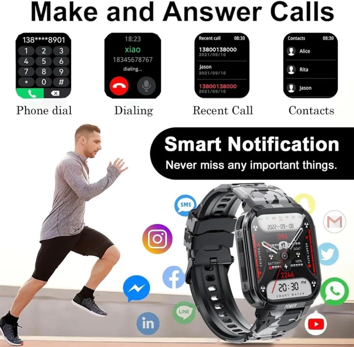Montre connectée pour Homme Style Sport, Militaire 