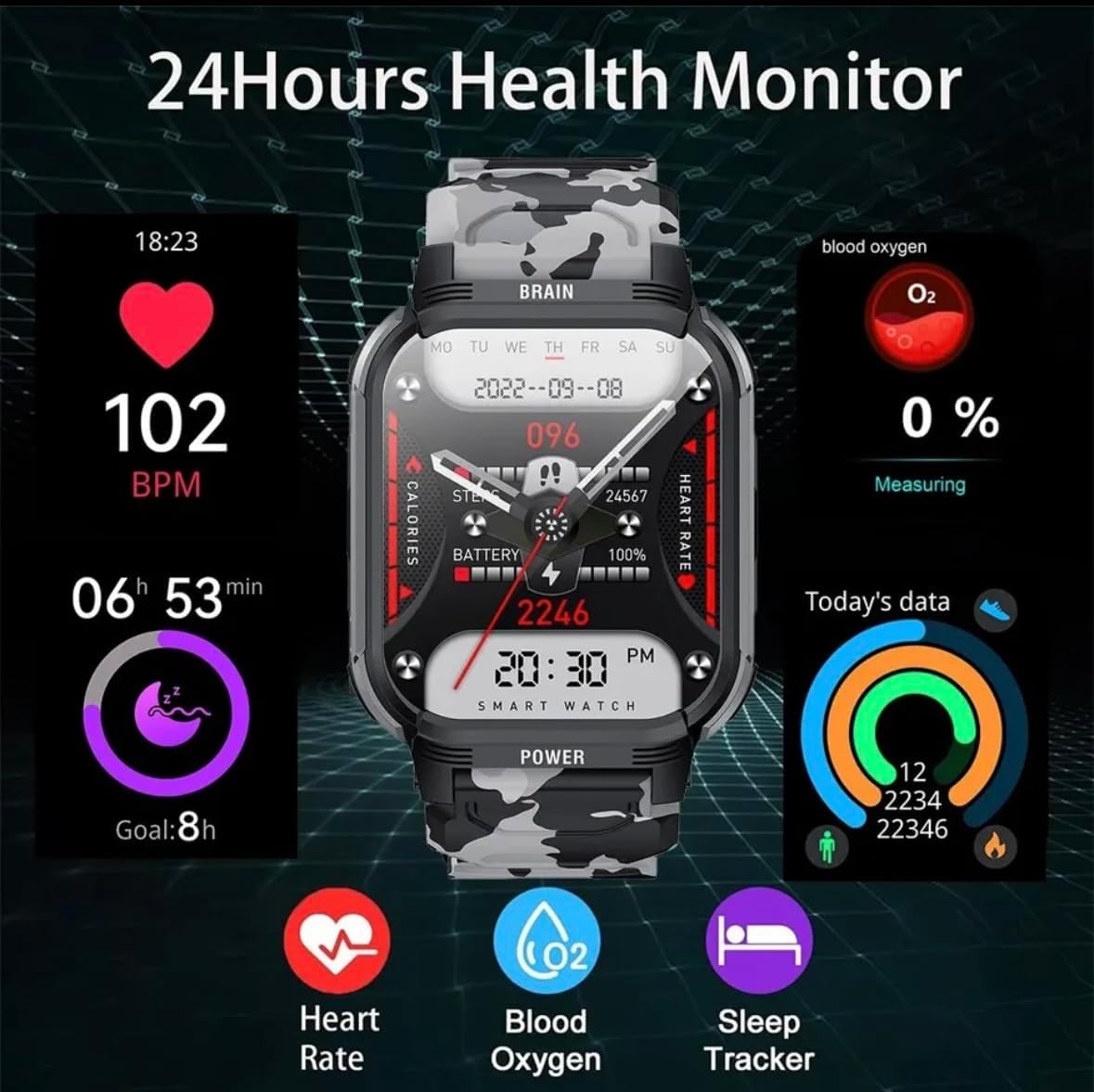 Montre connectée pour Homme Style Sport, Militaire 