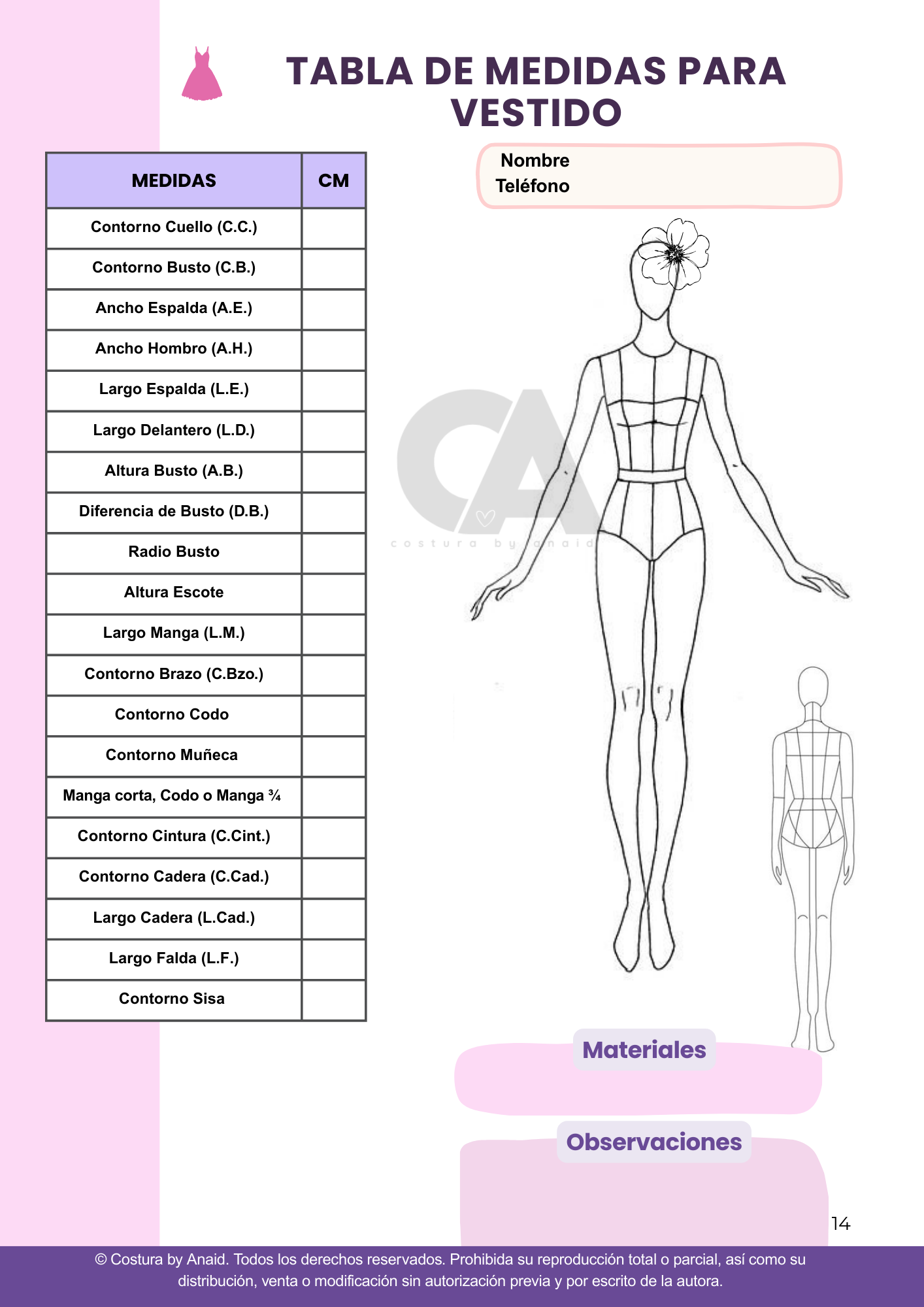 Guía para tomar medidas del cuerpo y Fichas Técnicas