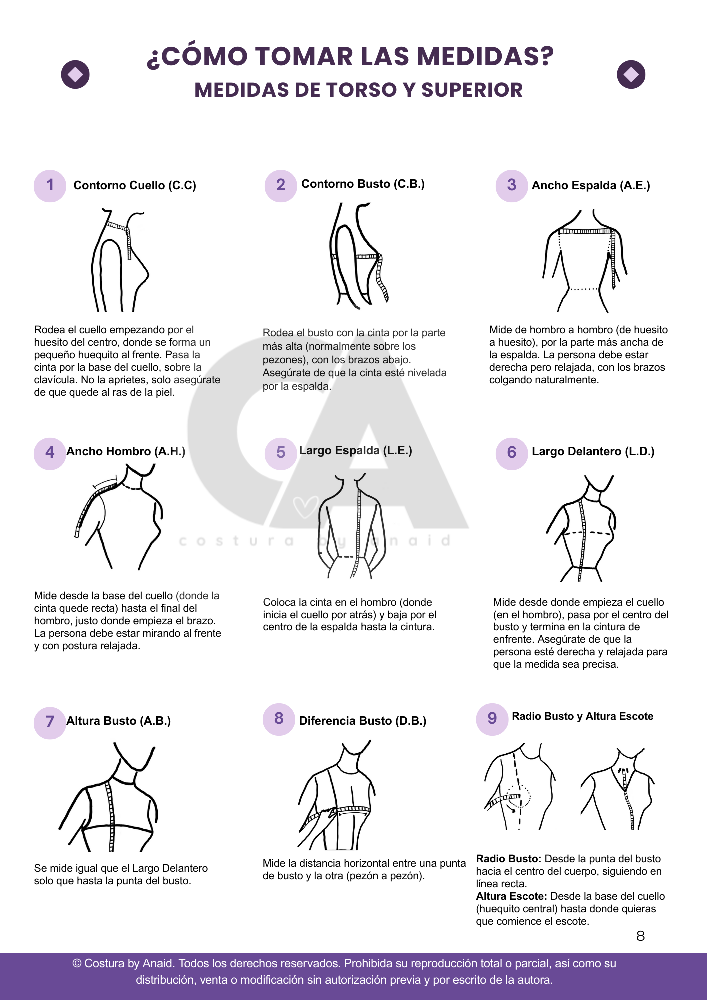 Guía para tomar medidas del cuerpo y Fichas Técnicas