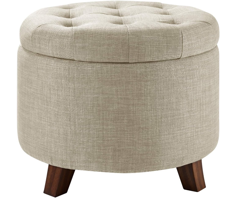 Ottoman with Storage, Tufted Round Upholstered Footstool, Linen, Burlap Beige, ‎20" x 17"