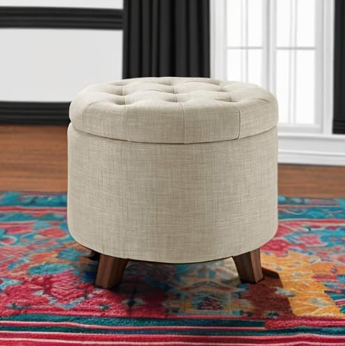Ottoman with Storage, Tufted Round Upholstered Footstool, Linen, Burlap Beige, ‎20" x 17"
