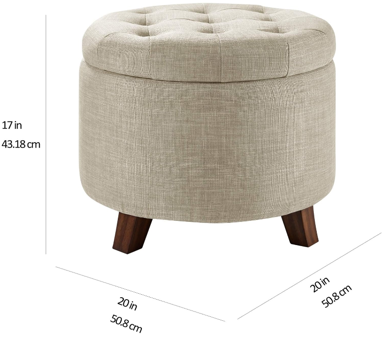 Ottoman with Storage, Tufted Round Upholstered Footstool, Linen, Burlap Beige, ‎20" x 17"