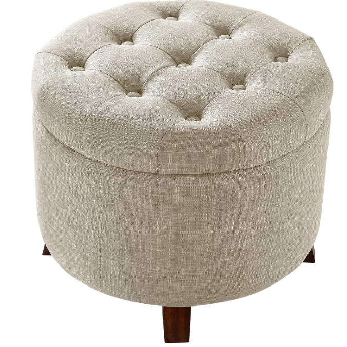 Ottoman with Storage, Tufted Round Upholstered Footstool, Linen, Burlap Beige, ‎20" x 17"