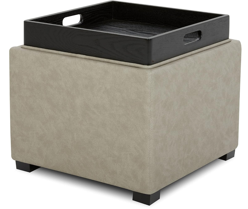 Storage Ottoman Cube with Tray, Footrest Stool Seat Serve as Side Table, PU Leather in Stone Gray
