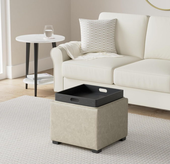 Storage Ottoman Cube with Tray, Footrest Stool Seat Serve as Side Table, PU Leather in Stone Gray
