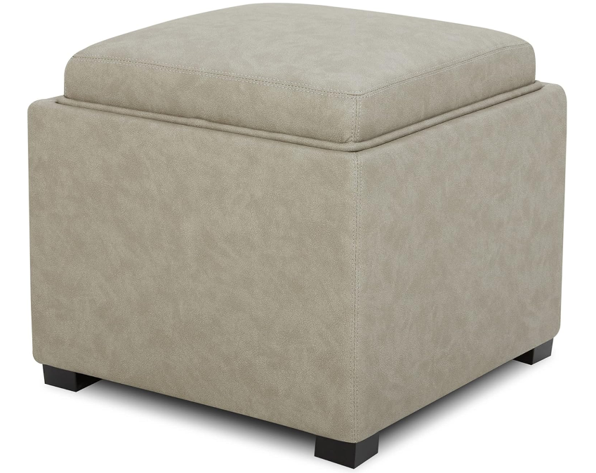 Storage Ottoman Cube with Tray, Footrest Stool Seat Serve as Side Table, PU Leather in Stone Gray