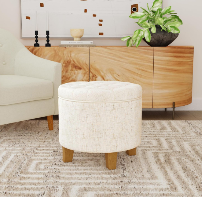 Home Decor | Upholstered Round Tufted Foot Rest Ottoman | Ottoman with Storage for Living Room & Bedroom | Decorative Home Furniture, Cream Textured Solid