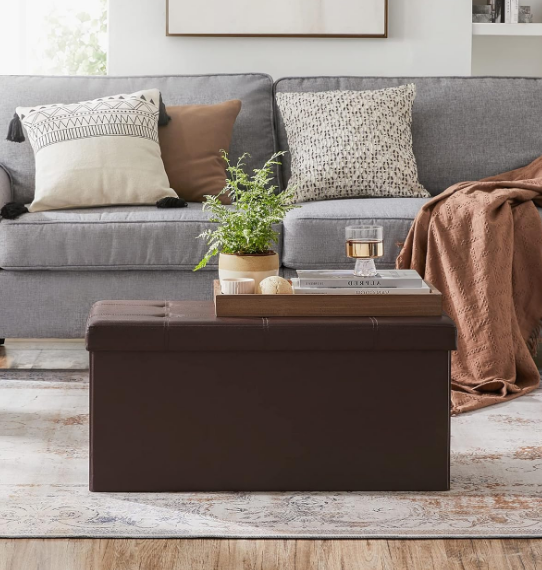 30 Inches Folding Storage Ottoman Bench, Storage Chest, Footrest, Coffee Table, Padded Seat, Faux Leather, Holds up to 660 lb, Brown