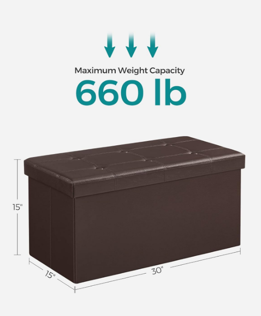 30 Inches Folding Storage Ottoman Bench, Storage Chest, Footrest, Coffee Table, Padded Seat, Faux Leather, Holds up to 660 lb, Brown