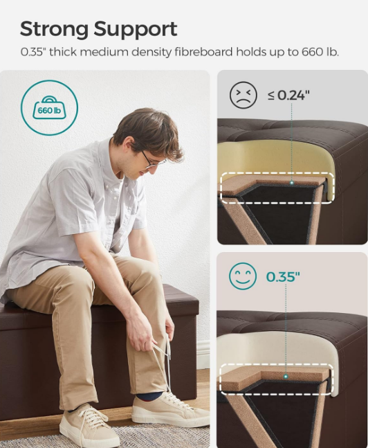 30 Inches Folding Storage Ottoman Bench, Storage Chest, Footrest, Coffee Table, Padded Seat, Faux Leather, Holds up to 660 lb, Brown