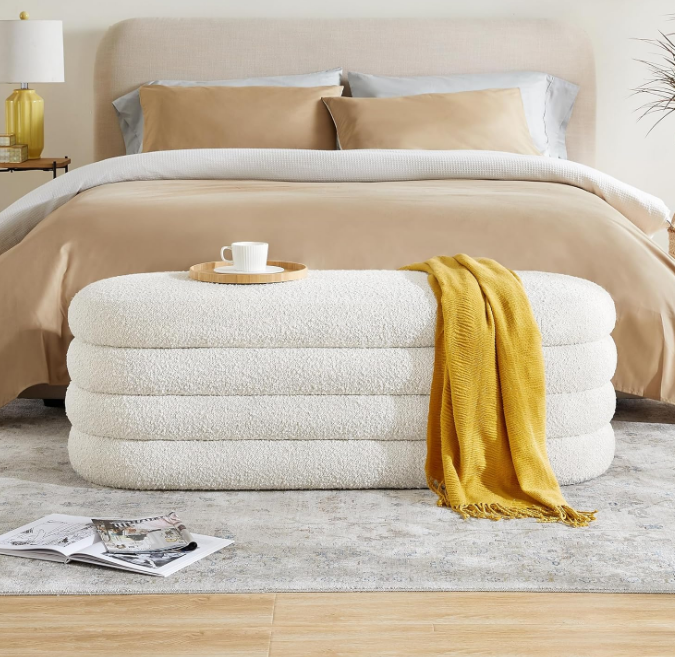 Storage Ottoman Bench 49.2 Inch Upholstered Fabric Storage Bench for Bedroom End of Bed Aesthetic Large Oval Storage Ottoman for Living Room Entryway (Ivory)