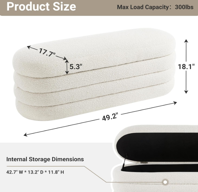 Storage Ottoman Bench 49.2 Inch Upholstered Fabric Storage Bench for Bedroom End of Bed Aesthetic Large Oval Storage Ottoman for Living Room Entryway (Ivory)