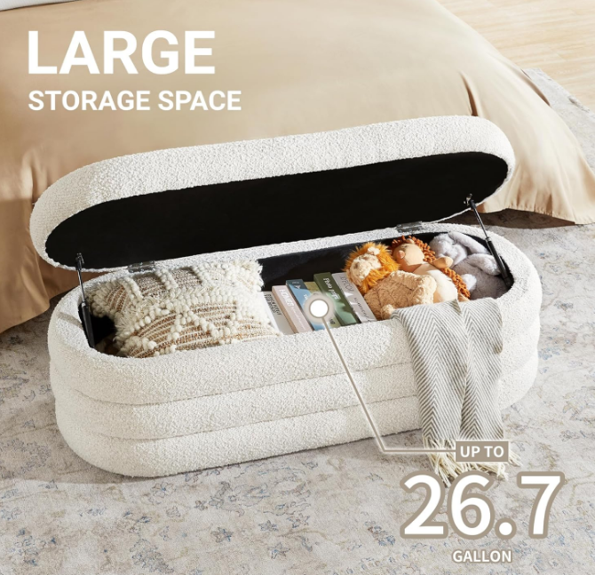 Storage Ottoman Bench 49.2 Inch Upholstered Fabric Storage Bench for Bedroom End of Bed Aesthetic Large Oval Storage Ottoman for Living Room Entryway (Ivory)