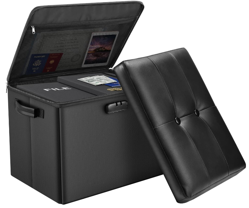 Storage Ottoman with Lock,Fireproof Folding Ottoman Foot Rest Stool Storage Chest with Storage Safe for Important Documents,Waterproof 17 Inches Short Ottoman Foot Stool with Handles,Black