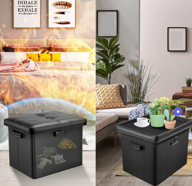 Storage Ottoman with Lock,Fireproof Folding Ottoman Foot Rest Stool Storage Chest with Storage Safe for Important Documents,Waterproof 17 Inches Short Ottoman Foot Stool with Handles,Black