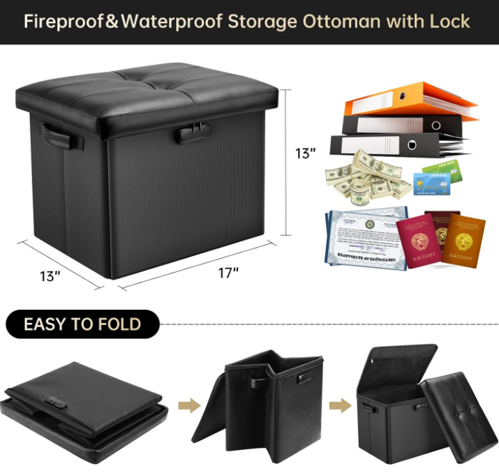 Storage Ottoman with Lock,Fireproof Folding Ottoman Foot Rest Stool Storage Chest with Storage Safe for Important Documents,Waterproof 17 Inches Short Ottoman Foot Stool with Handles,Black