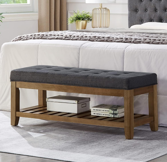 24KF Large Rectangular Upholstered Tufted Linen Fabric Ottoman Bench, Padded Bench with Solid Wood Shelf-Charcoal