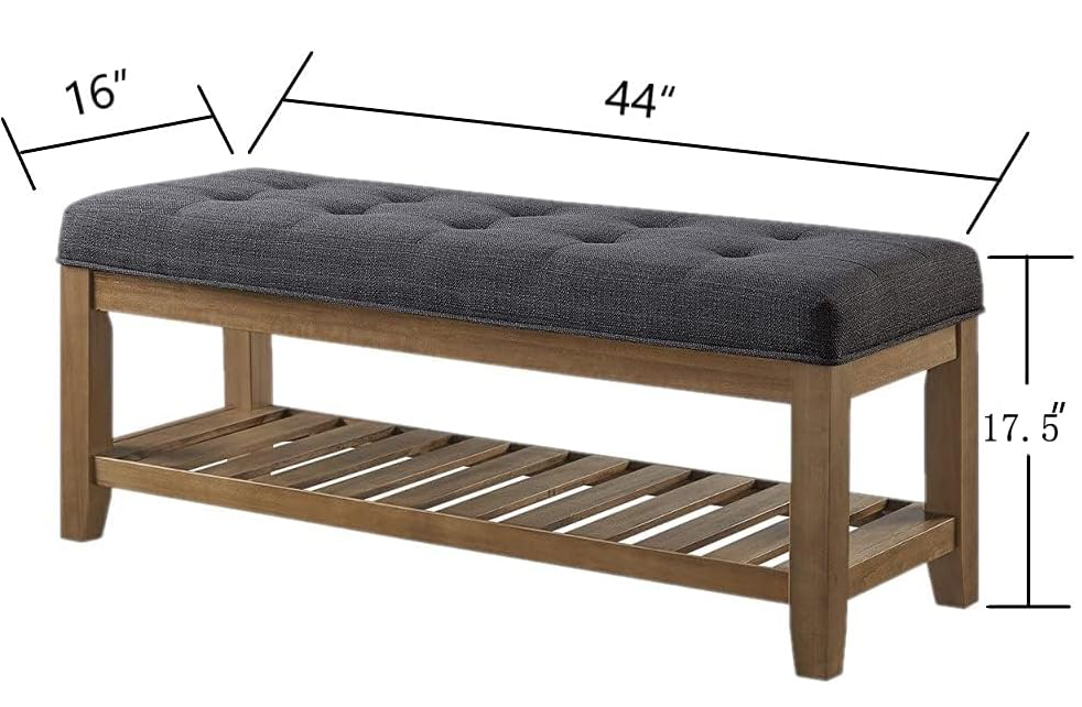 24KF Large Rectangular Upholstered Tufted Linen Fabric Ottoman Bench, Padded Bench with Solid Wood Shelf-Charcoal