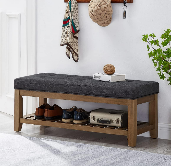 24KF Large Rectangular Upholstered Tufted Linen Fabric Ottoman Bench, Padded Bench with Solid Wood Shelf-Charcoal