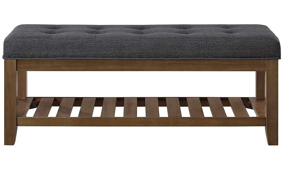 24KF Large Rectangular Upholstered Tufted Linen Fabric Ottoman Bench, Padded Bench with Solid Wood Shelf-Charcoal