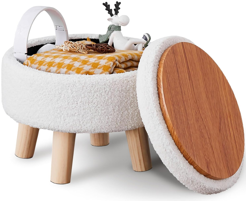 Storage Ottoman, Modern Round Footrest with Soft Padded Seat, Teddy Velvet Footstool with Wood Legs, Accent Small Table or Plant Stand for Hallway, Living Room (Cream)