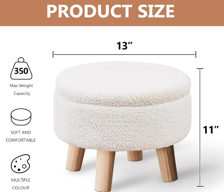 Storage Ottoman, Modern Round Footrest with Soft Padded Seat, Teddy Velvet Footstool with Wood Legs, Accent Small Table or Plant Stand for Hallway, Living Room (Cream)