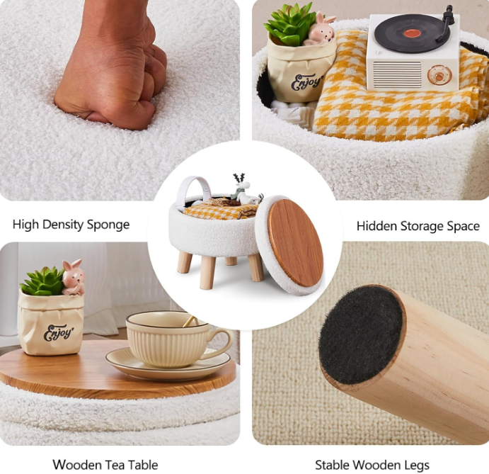 Storage Ottoman, Modern Round Footrest with Soft Padded Seat, Teddy Velvet Footstool with Wood Legs, Accent Small Table or Plant Stand for Hallway, Living Room (Cream)