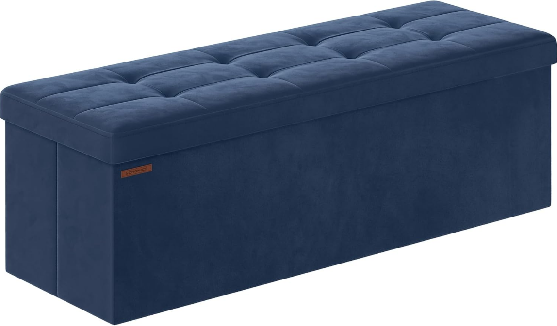 Storage Ottoman Bench, Foldable Ottoman Foot Rest, 15 x 43 x 15 Inches, End of Bed Bench, Storage Chest, Load up to 660 lb, for Living Room, Bedroom, Entryway, Midnight Blue