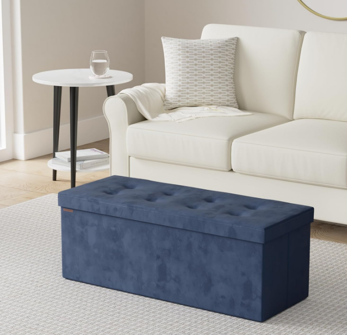 Storage Ottoman Bench, Foldable Ottoman Foot Rest, 15 x 43 x 15 Inches, End of Bed Bench, Storage Chest, Load up to 660 lb, for Living Room, Bedroom, Entryway, Midnight Blue