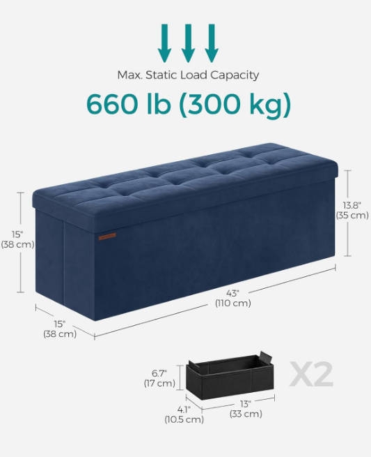 Storage Ottoman Bench, Foldable Ottoman Foot Rest, 15 x 43 x 15 Inches, End of Bed Bench, Storage Chest, Load up to 660 lb, for Living Room, Bedroom, Entryway, Midnight Blue