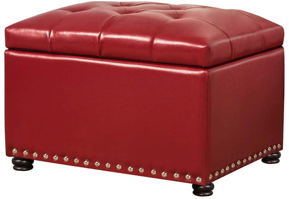 Leather Storage Ottoman, 24" Rectangle Square Bench Foot Rest Stool for Bedroom Living Room, Red