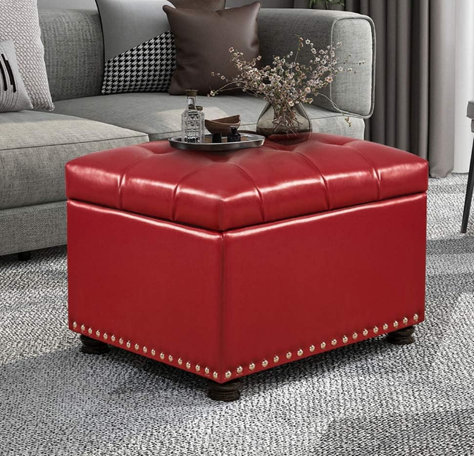 Leather Storage Ottoman, 24" Rectangle Square Bench Foot Rest Stool for Bedroom Living Room, Red