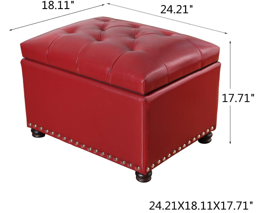 Leather Storage Ottoman, 24" Rectangle Square Bench Foot Rest Stool for Bedroom Living Room, Red