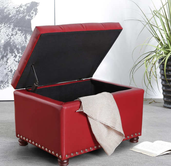 Leather Storage Ottoman, 24" Rectangle Square Bench Foot Rest Stool for Bedroom Living Room, Red