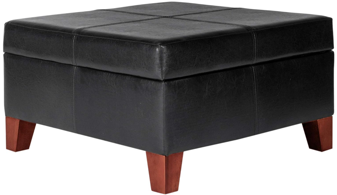 Home Decor |K2380-E169 | Luxury Large Faux Leather Square Storage Ottoman | Ottoman with Storage for Living Room & Bedroom, Black