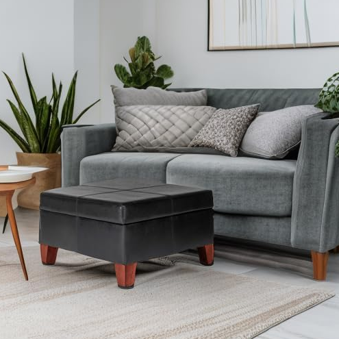 Home Decor |K2380-E169 | Luxury Large Faux Leather Square Storage Ottoman | Ottoman with Storage for Living Room & Bedroom, Black