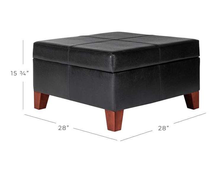 Home Decor |K2380-E169 | Luxury Large Faux Leather Square Storage Ottoman | Ottoman with Storage for Living Room & Bedroom, Black