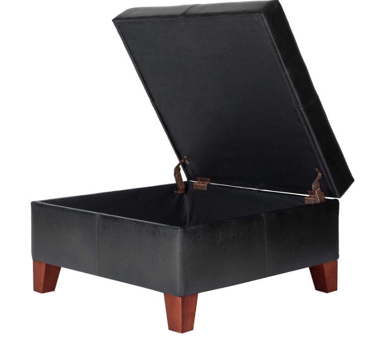 Home Decor |K2380-E169 | Luxury Large Faux Leather Square Storage Ottoman | Ottoman with Storage for Living Room & Bedroom, Black
